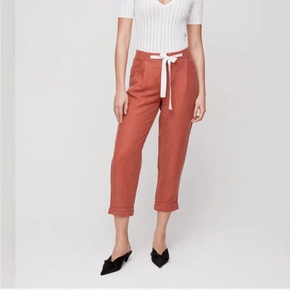 Aritzia Wilfred Allant Cropped Linen Pants Sz 2 Tie Waist Buttons Fly Rust Orang